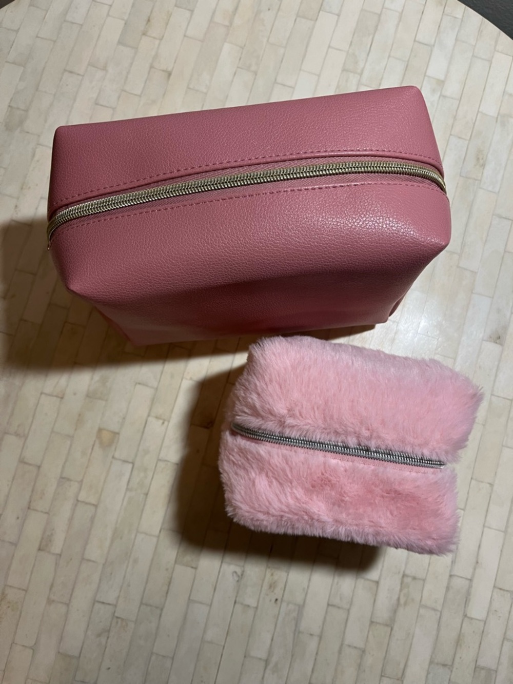 Pink Leather and Faux Fur Makeup Pouch Set - Picture 10 of 10